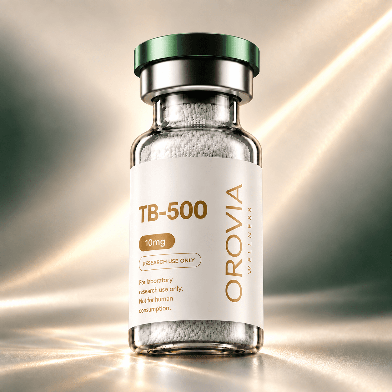Orovia Wellness TB-500 10mg research vial with a pearl label and gold lettering